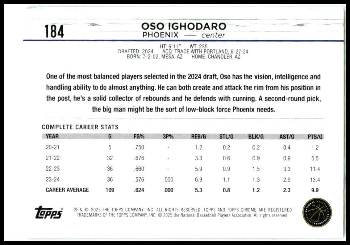 2024-25 Topps Chrome #184 Oso Ighodaro Rookie Phoenix Suns