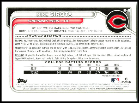 2024 Bowman Draft #BDC-32 Mike Sirota Cincinnati Reds