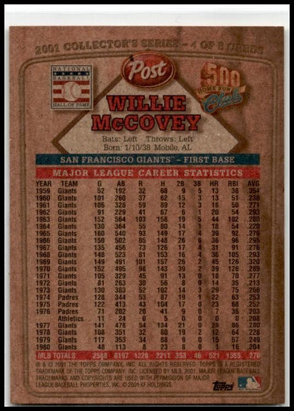 2001 Topps Post Cereal 500 Home Run Club #4 Willie McCovey San Francisco Giants