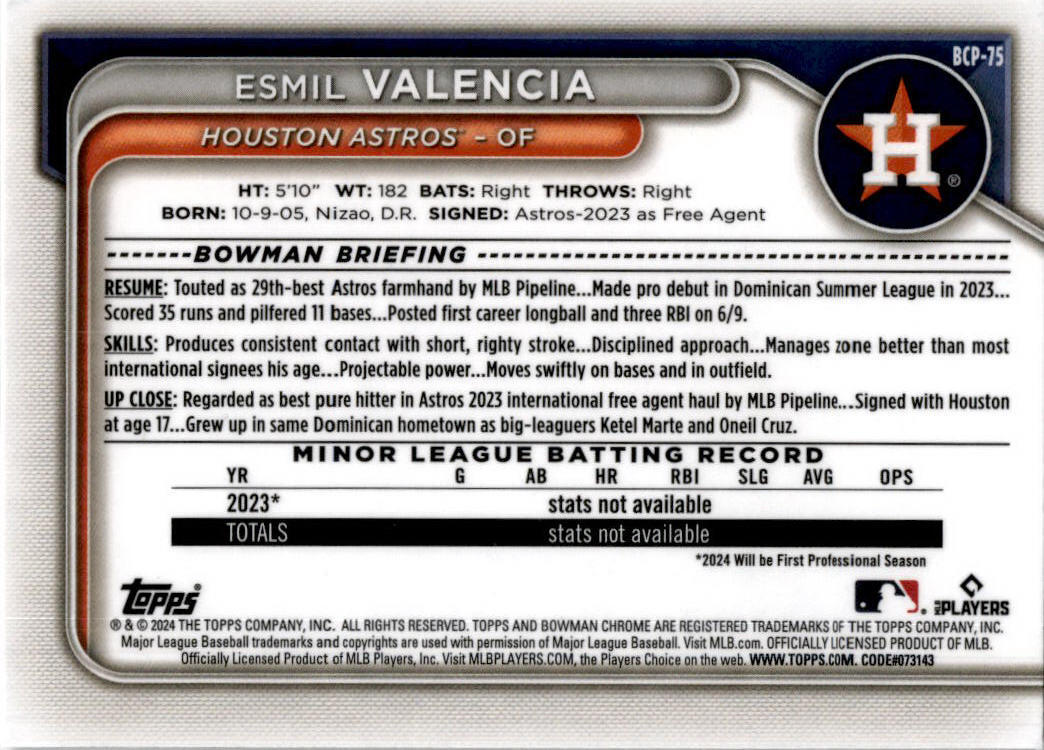 2024 Bowman Chrome #BCP-75 Esmil Valencia Houston Astros
