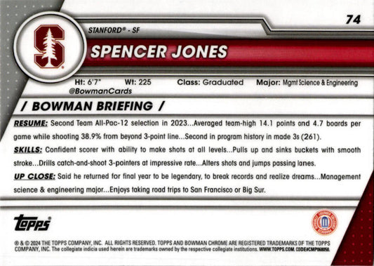 2023-24 Bowman University Chrome #74 Spencer Jones Stanford Cardinal