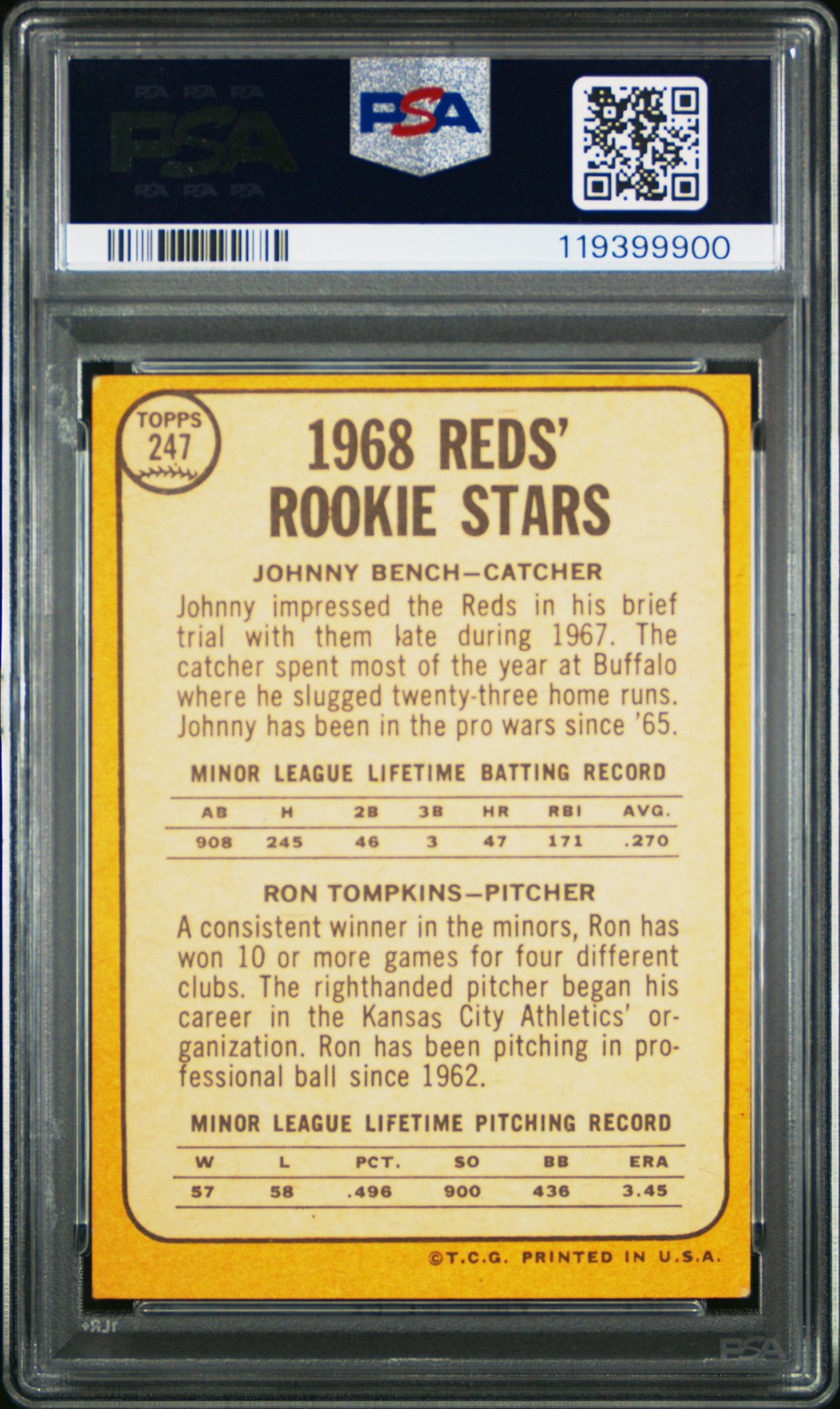 1968 Topps J.Bench/R.Tompkins #247 Reds Rookies PSA 4