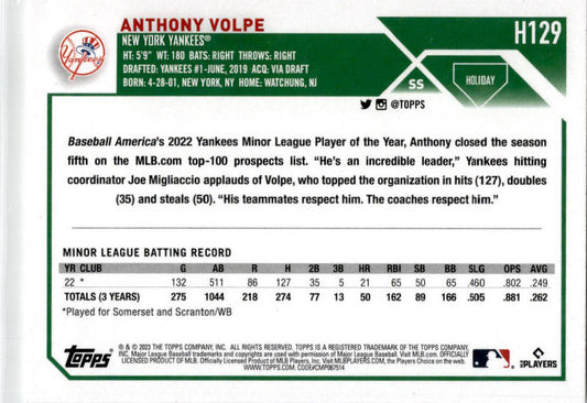 2023 Topps Holiday Scarf  #H129d Anthony Volpe Rookie New York Yankees