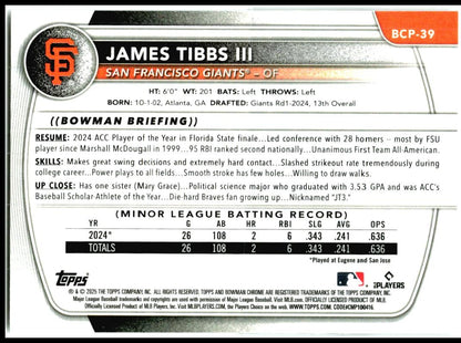 2025 Bowman Chrome Prospects #BCP-39 James Tibbs III San Francisco Giants