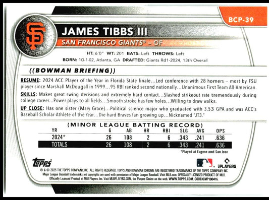 2025 Bowman Chrome Prospects #BCP-39 James Tibbs III San Francisco Giants