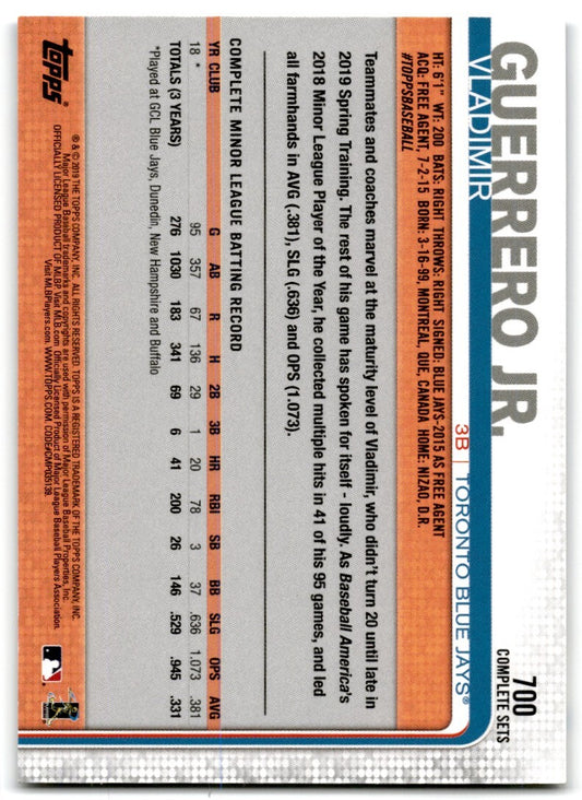 2019 Topps Complete Sets Fielding Vladimir Guerrero Jr. Toronto Blue Jays #700