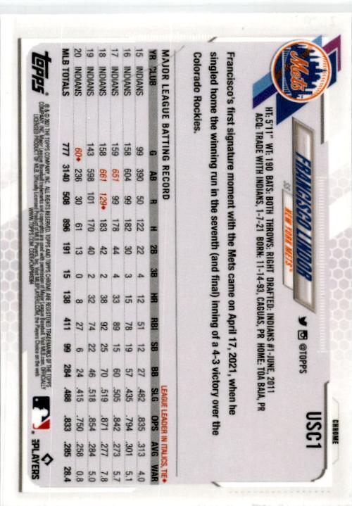 2021 Topps Chrome Update Purple Refractor #USC1 Francisco Lindor New York Mets