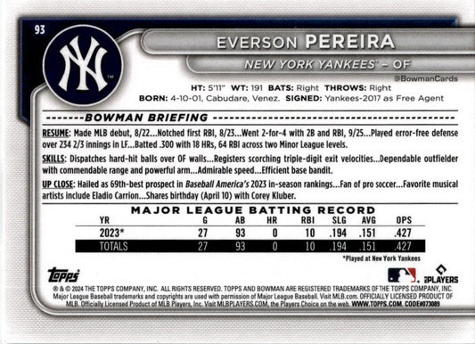 2024 Bowman #93 Everson Pereira Rookie New York Yankees