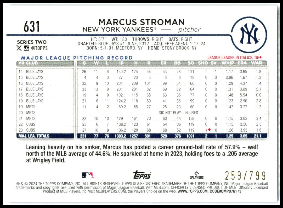 2024 Topps Purple Holofoil #631 Marcus Stroman #/799 New York Yankees