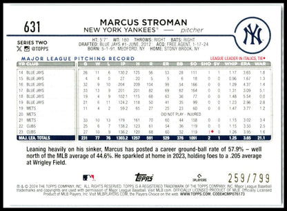 2024 Topps Purple Holofoil #631 Marcus Stroman #/799 New York Yankees