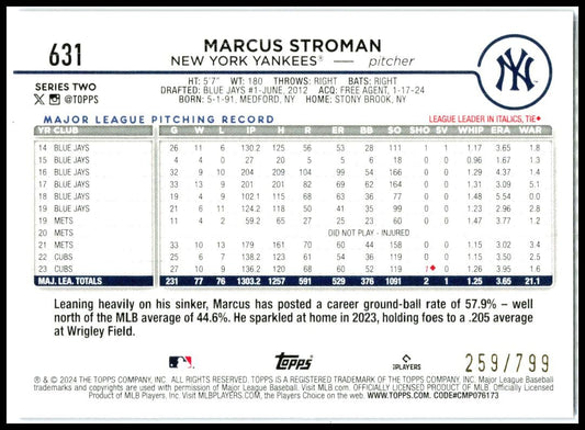 2024 Topps Purple Holofoil #631 Marcus Stroman #/799 New York Yankees