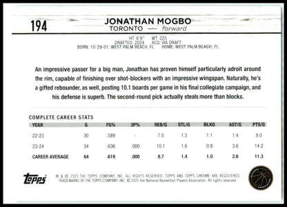 2024-25 Topps Chrome Topps Green Refractor #194 Jonathan Mogbo Rookie Raptors