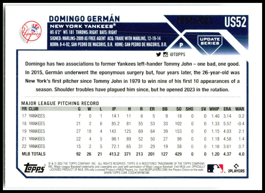 2023 Topps Update Gold #US52 Domingo Germán #/2023 New York Yankees