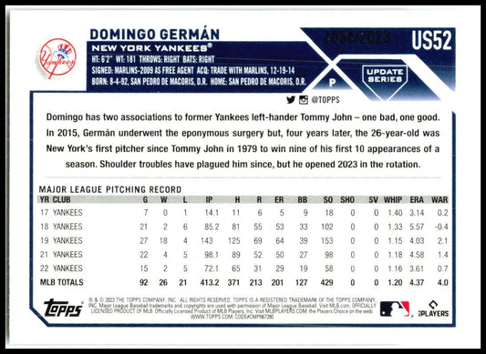 2023 Topps Update Gold #US52 Domingo Germán #/2023 New York Yankees