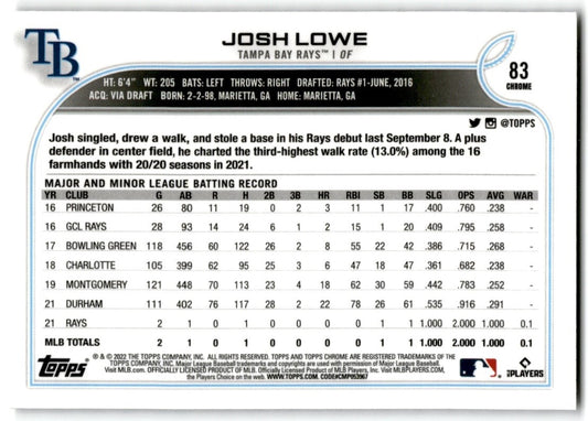 2022 Topps Chrome X-Factor Josh Lowe Rookie Tampa Bay Rays #83
