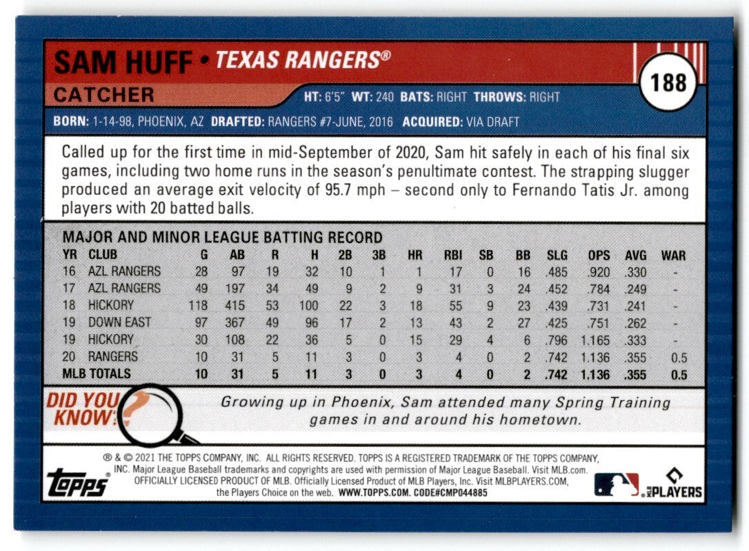 2021 Topps Big League Sam Huff Texas Rangers #188