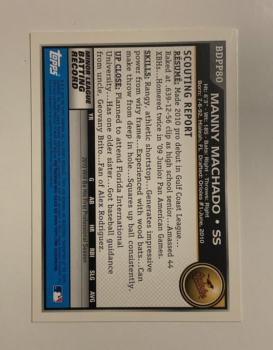 2010 Bowman Draft Picks & Prospects #BDPP80 Manny Machado Orioles RC Rookie.