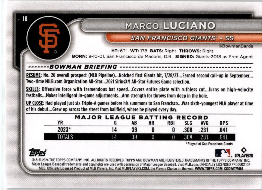 2024 Bowman #18 Marco Luciano Rookie San Francisco Giants