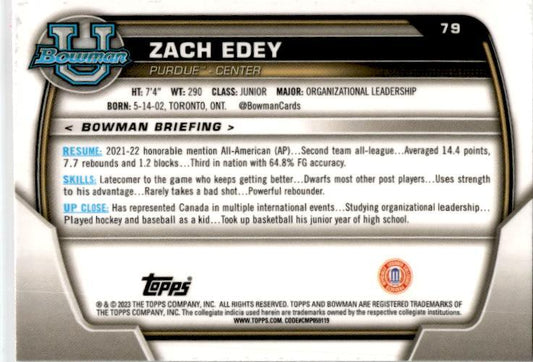 2022-23 Bowman University Chrome Pink #79 Zach Edey Purdue Boilermakers