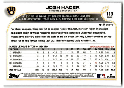 2022 Topps Chrome X-Factor Josh Hader Milwaukee Brewers #119