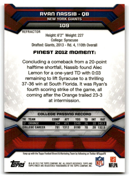 2013 Finest  Red Refractor Ryan Nassib Rookie New York Giants #109
