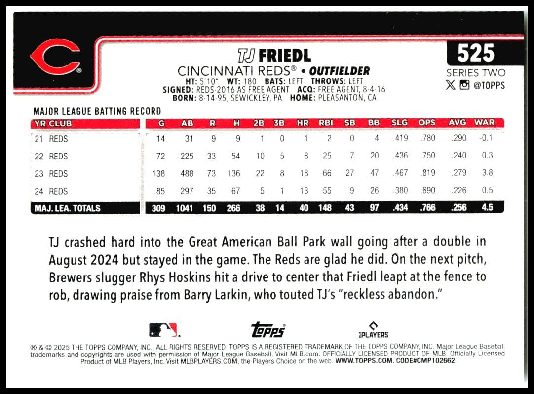 2025 Topps #525 TJ Friedl Cincinnati Reds