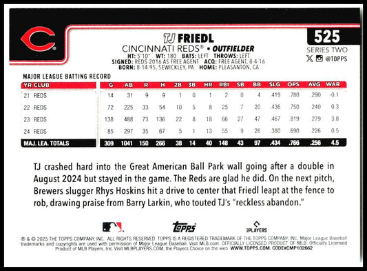 2025 Topps #525 TJ Friedl Cincinnati Reds