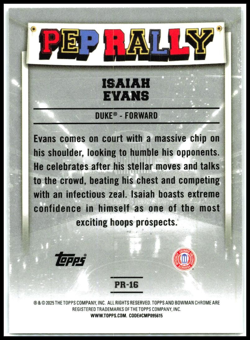 2024-25 Bowman University Chrome Pep Rally #PR-16 Isaiah Evans Duke Blue Devils