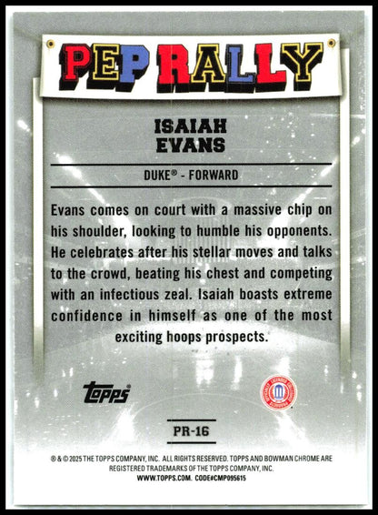 2024-25 Bowman University Chrome Pep Rally #PR-16 Isaiah Evans Duke Blue Devils