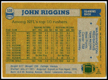 1982 Topps #520 John Riggins Washington Redskins