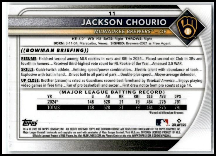 2025 bowman Chrome Mojo #11 Jackson Chourio
