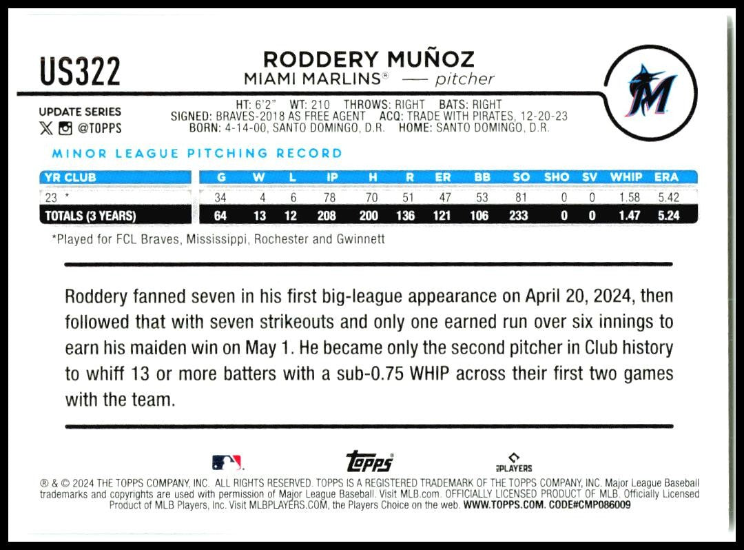 2024 Topps Update #US322 Roddery Muñoz Rookie Miami Marlins
