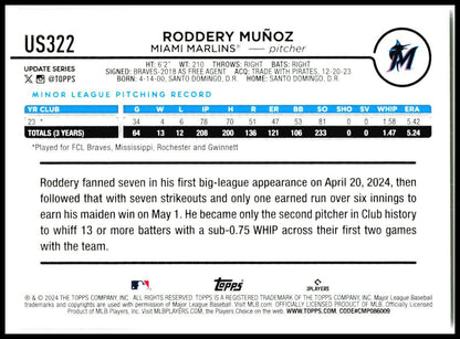 2024 Topps Update #US322 Roddery Muñoz Rookie Miami Marlins