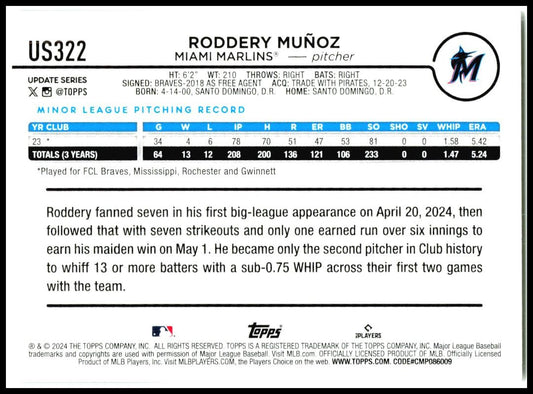 2024 Topps Update #US322 Roddery Muñoz Rookie Miami Marlins