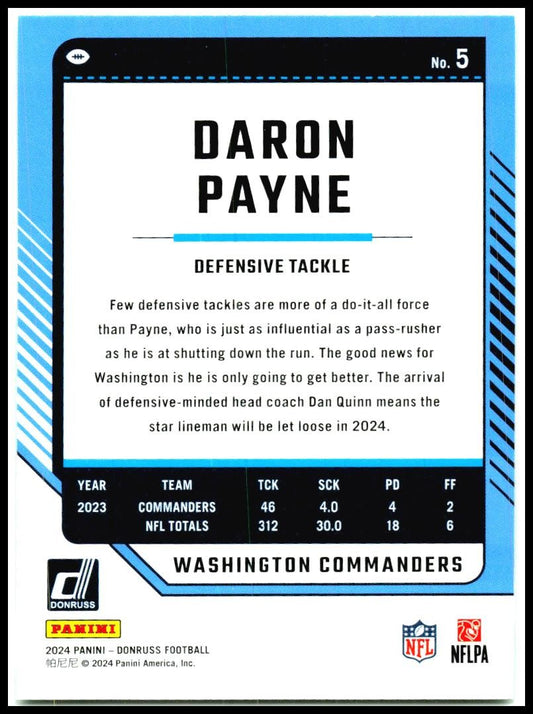 2024 Donruss Press Proof Green #5 Daron Payne Washington Commanders