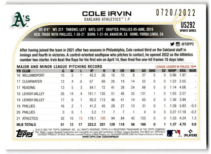 2022 Topps Update Gold Cole Irvin 0720/2022 Oakland Athletics #US292