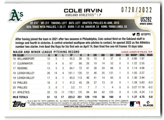 2022 Topps Update Gold Cole Irvin 0720/2022 Oakland Athletics #US292