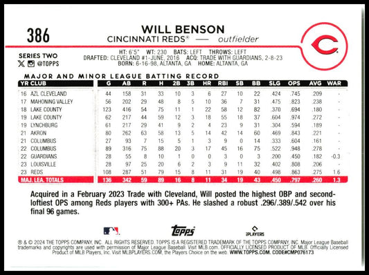 2024 Topps #386 Will Benson Cincinnati Reds