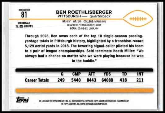 2024 Topps Chrome #81 Ben Roethlisberger Pittsburgh Steelers