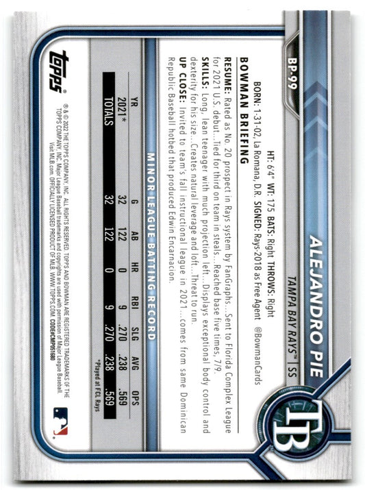 2022 Bowman Prospects Alejandro Pie Tampa Bay Rays #BP-99
