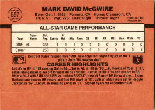 1990 Donruss #697b Mark McGwire Oakland Athletics