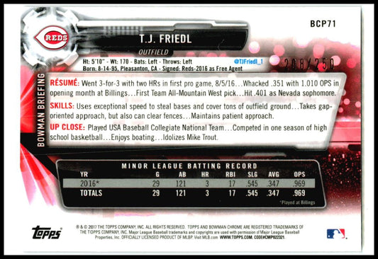 2017 Bowman Chrome Prospects Purple #BCP71 T.J. Friedl #/250 Cincinnati Reds