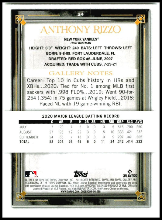 2021 Topps Gallery #24 Anthony Rizzo New York Yankees