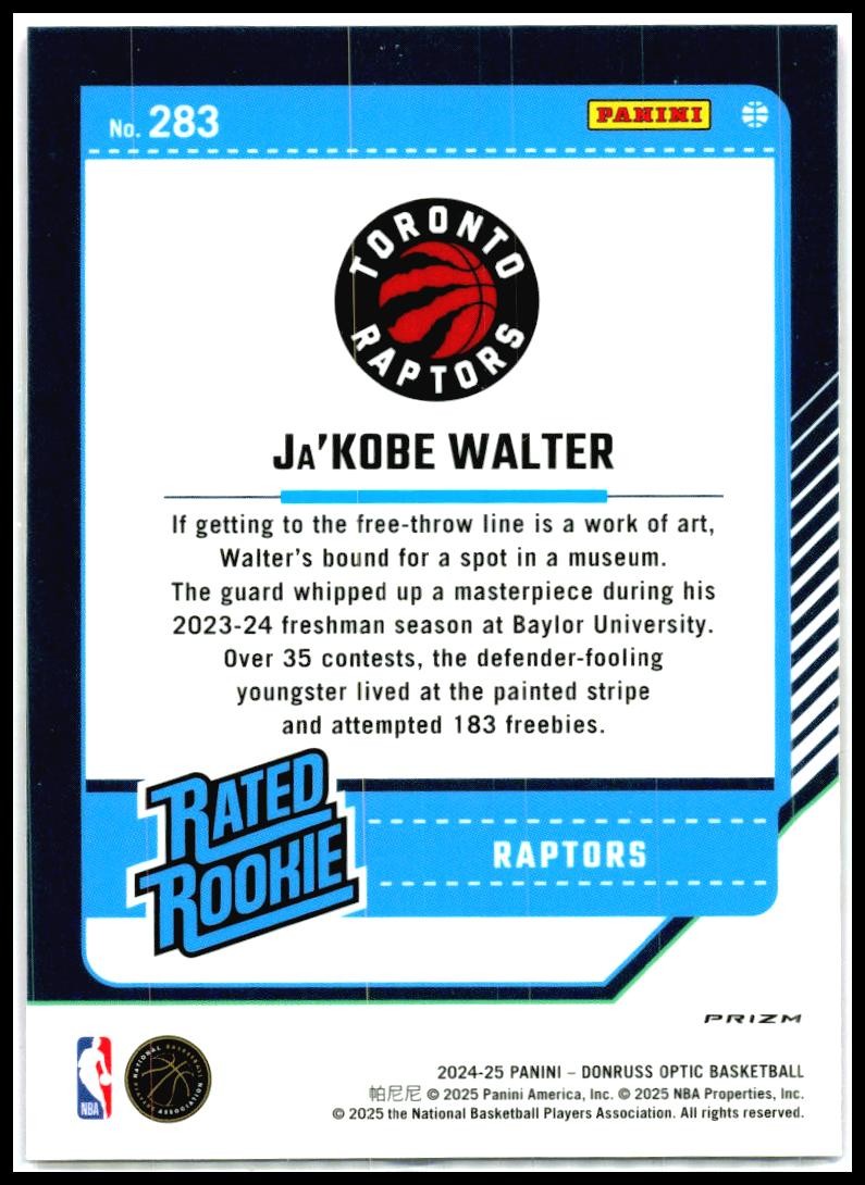 2024-25 Donruss Optic Hyper Pink #283 Ja'Kobe Walter Rookie Toronto Raptors
