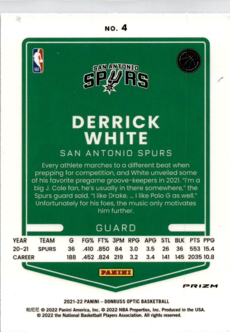 2021-22 Donruss Optic Blue Velocity #4 Derrick White San Antonio Spurs
