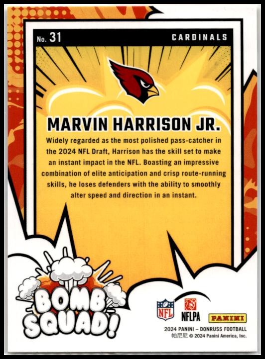 2024 Donruss Bomb Squad #31 Marvin Harrison Jr. Arizona Cardinals