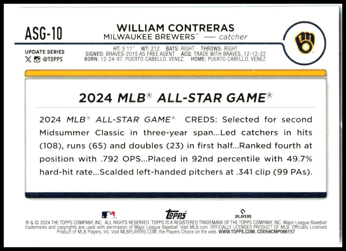 2024 Topps 2024 All Star Game Chrome #ASG-10 William Contreras Milwaukee Brewers