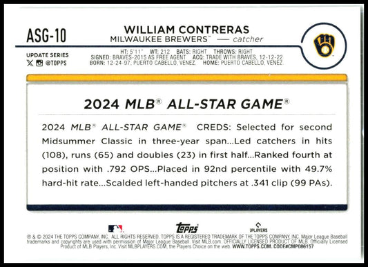 2024 Topps 2024 All Star Game Chrome #ASG-10 William Contreras Milwaukee Brewers