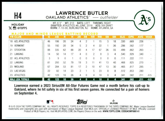 2024 Topps Holiday #H4 Lawrence Butler Rookie Oakland Athletics