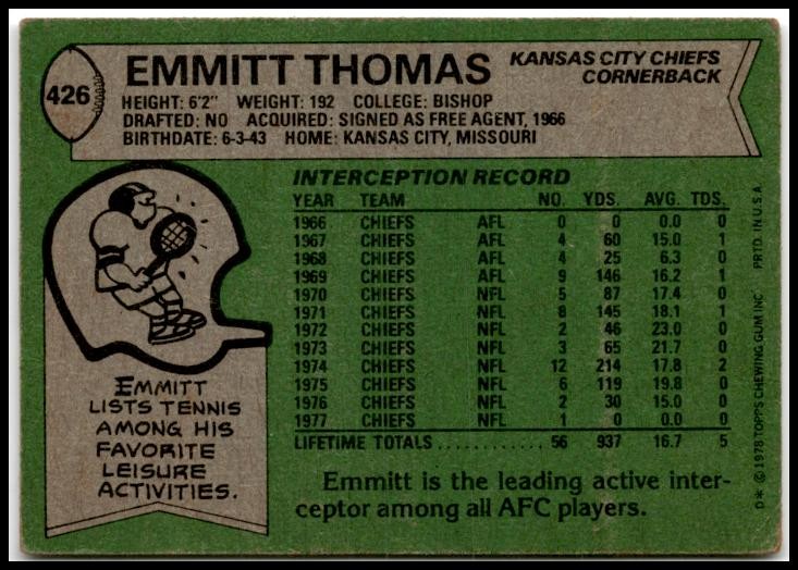 1978 Topps #426 Emmitt Thomas Kansas City Chiefs